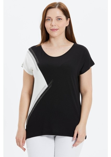 Büyük Beden Yanı Taşlı Kombinli Penye Bluz