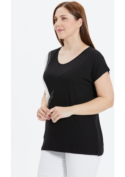 Büyük Beden Yanı Taşlı Kombinli Penye Bluz modelleri