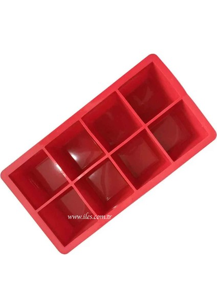 Kapaklı Premium Büyük 8 Bölmeli Silikon Buz Kalıbı, Kırmızı