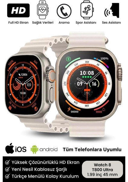 Tekno Trust Gri Watch 8 Ultra Series Ios Android Uyumlu T 800 Serisi Spor ve Sağlık Sensörlü T800 Ultra Akıllı