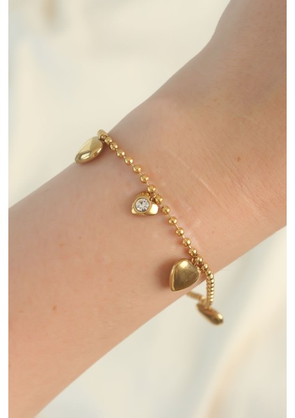 316L Çelik Gold Renk Zirkon Taşlı Kalp Model Bileklik fiyatları
