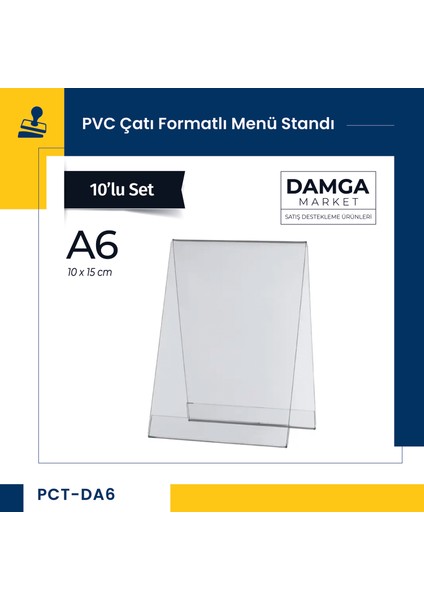 Pvc Çatı Formatlı A6 Menü, Masaüstü Standı Dikey, Şeffaf, 10 cm x 15 cm - 10'lu Paket