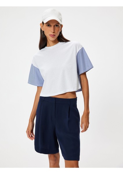 Kadın Kumaş Detaylı Bisiklet Yaka T-Shirt 4SAL11138IK