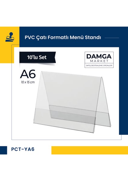 Damga Market Pvc Çatı Formatlı A6 Menü, Masaüstü Standı Yatay, Şeffaf, 15 cm x 10 cm - 10'lu Paket