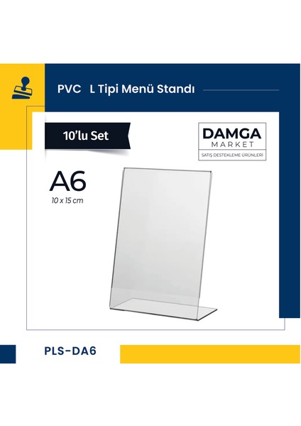Pvc L Tipi A6 Menü, Masaüstü Standı Dikey, Şeffaf, 10 cm x 15 cm - 10'lu Paket