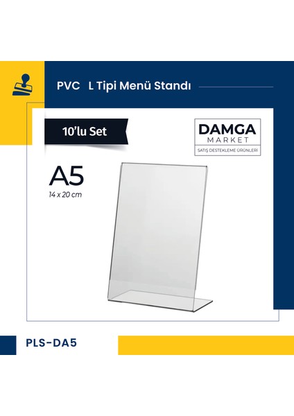 Damga Market Pvc L Tipi A5 Menü, Masaüstü Standı Dikey, Şeffaf, 20 cm x 14 cm - 10'lu Paket