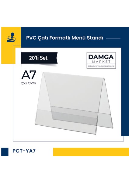 Damga Market Pvc Çatı Formatlı A7 Menü, Masaüstü Standı Dikey, Şeffaf, 7,5 cm x 10 cm - 20'li Paket