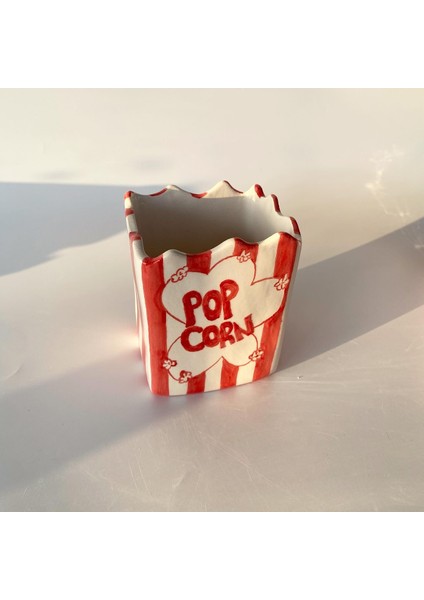 El Yapımı Seramik Patlamış Mısır Kovası - Popcorn Kutusu Tekli - 13 cm x 9cm