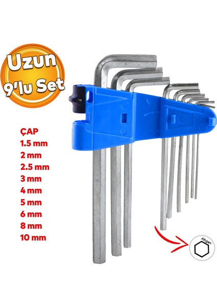 Allen Alyan Krom Anahtar Uzun 9'lu Set Altıgen Vida Sıkma Sökme Metal 1.5 2 2.5 3 4 5 6 8 10 mm
