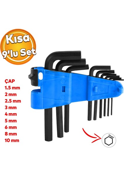Allen Alyan Anahtar Siyah Kısa 9'lu Set Altıgen Vida Sıkma Sökme Metal 1.5 2 2.5 3 4 5 6 8 10 mm