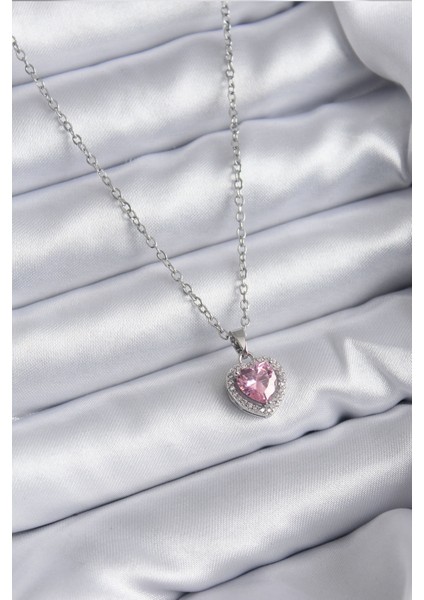 Mulvxxmd XDN02 Çelik Zincir Renk Pembe Zirkon Taş Charm Model Kadın Kolye (Mulvix)