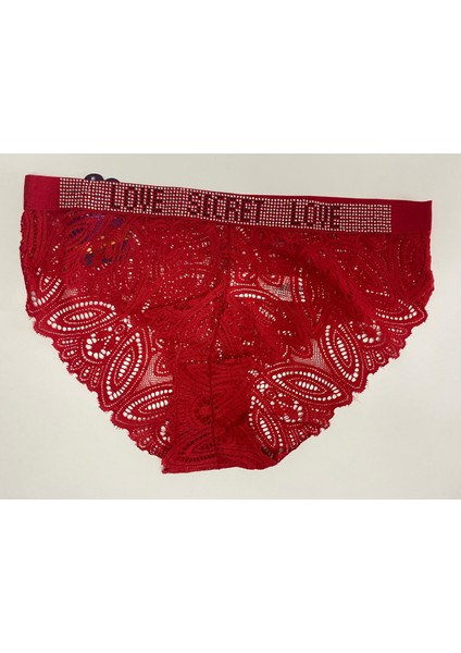 Taşlı Love Secret Yazılı Dantelli Kırmızı Külot 2'Li Paket