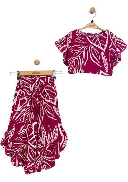 Kız Çocuk Beli Lastikli Desenli Pantolon Bluz Takım