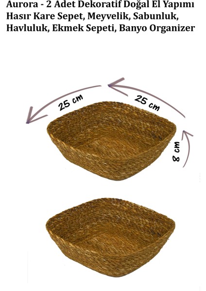 Aurora - 2 Adet Dekoratif Doğal El Yapımı Hasır Kare Sepet, Havluluk, Banyo Organizer
