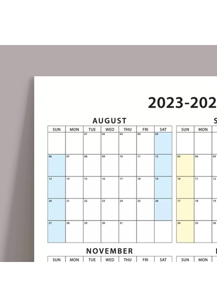 Amerikan Standardı 2024-2025 Akademik Duvar Planlayıcı Takvim, Ağustos Başlangıç