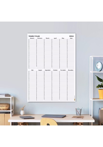 Yıllık Planlayıcı, Aylık Planlayıcı, 2025 Duvar Takvimi, Siyah Beyaz, Sade Minimalist Fonksiyonel