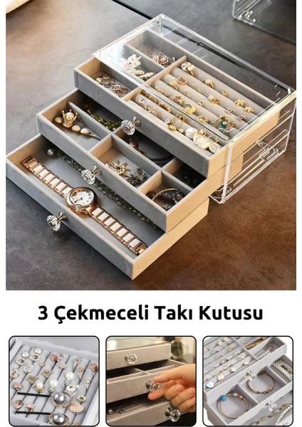 Modern 3 Çekmeceli Takı Bijuteri Mücevher Kutusu Organizer Düzenleyici Şeffaf 13 x 23 x 10 cm