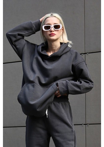 Kadın 3 Iplik Içi Pamuklu Oversize Uzun Kollu Sweatshirt