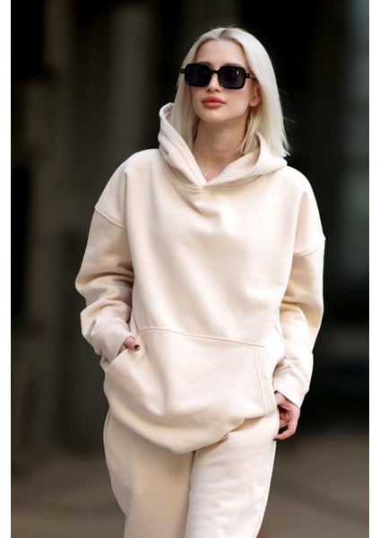 Kadın 3 Iplik Içi Pamuklu Oversize Uzun Kollu Sweatshirt
