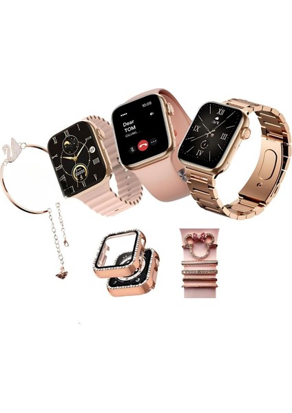 G9 Mini Plus Rose Gold Akıllı Saat 41MM 3 Kordon+Watch Kılıf+Bileklik+Charm Süs Hediyeli Akıllı Saat