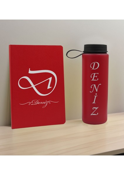 Kişiye Özel Isimli Kırmızı Defter ve Cam Matara Hediye Seti 2
