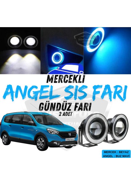 Dacia Lodgy 2012-2022 Uyumlu Üniversal Mercekli Angel Sis Farı Metal Su Geçirmez 76 mm Buz Mavi Halkalı Gündüz Farı Angel Eyes 2 Adet