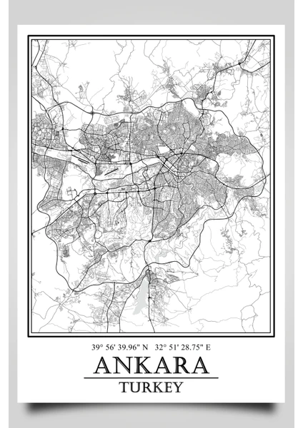 Ankara Şehir Haritası Çerçevesiz Poster-Harita Sanatı, Map Art Design