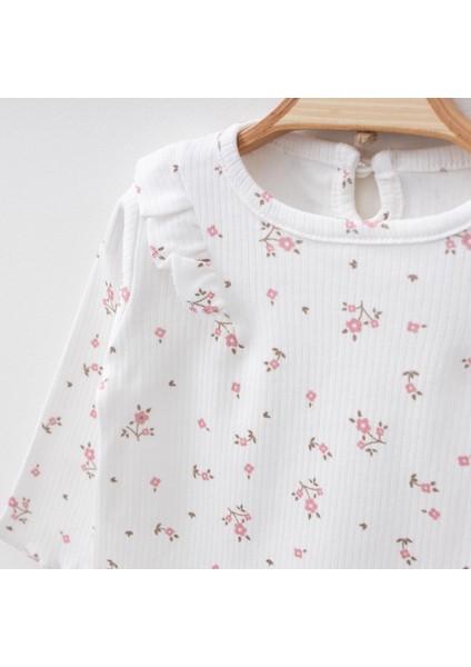 Kız Bebek Takımı Ekru Çiçekli Fırfırlı Kız Bebek Alt Üst Takım Pamuklu Bebek Takımı fiyatları
