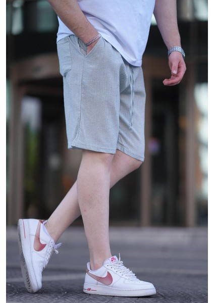 Mint Yeşili Çizgili Beli Ayarlanabilir Pamuklu Keten Kısa Erkek Şort 6542 fiyatları