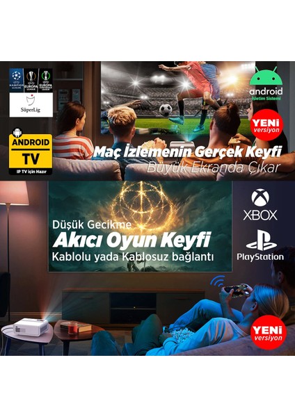 Sunspark 500W Android TV 1080P Destekli Projeksiyon Cihazı 5G Wi-Fi + 5.1 Bluetooth - LCD LED - 240 Inç Yansıtma-Dahili Hoparlör-PS5/XBOX/HDMI/USB/VGA/AV