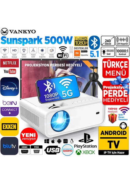 Sunspark 500W Android TV 1080P Destekli Projeksiyon Cihazı 5G Wi-Fi + 5.1 Bluetooth - LCD LED - 240 Inç Yansıtma-Dahili Hoparlör-PS5/XBOX/HDMI/USB/VGA/AV