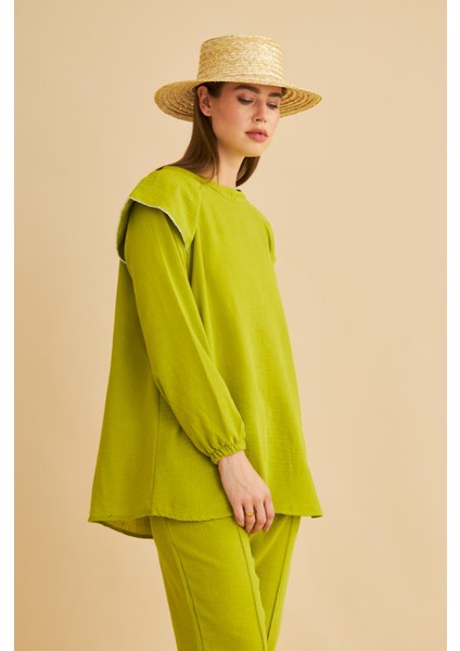 Eles Omuz Taşlı Kolları Büzgülü Keten Olive Tunik Pantolon Takım fiyatları