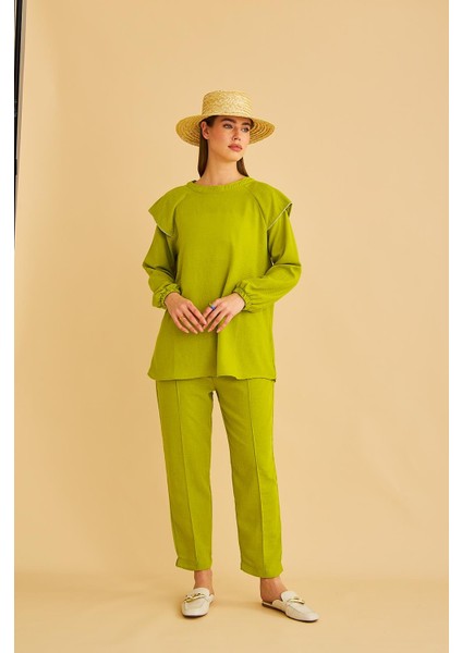 Eles Omuz Taşlı Kolları Büzgülü Keten Olive Tunik Pantolon Takım modelleri