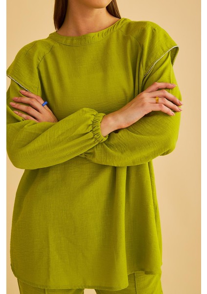 Eles Omuz Taşlı Kolları Büzgülü Keten Olive Tunik Pantolon Takım fırsatları