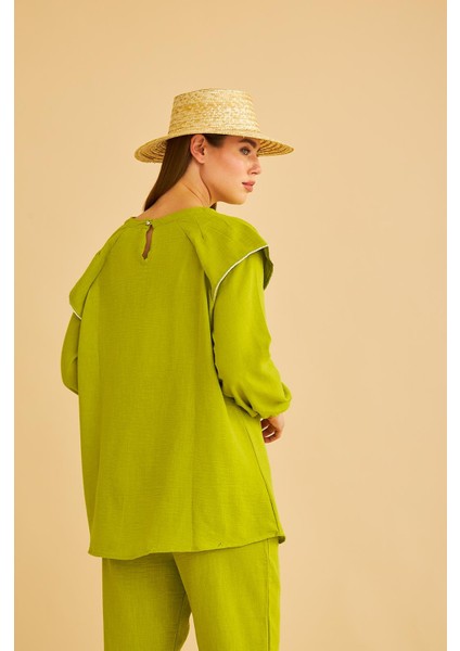 Eles Omuz Taşlı Kolları Büzgülü Keten Olive Tunik Pantolon Takım indirimleri