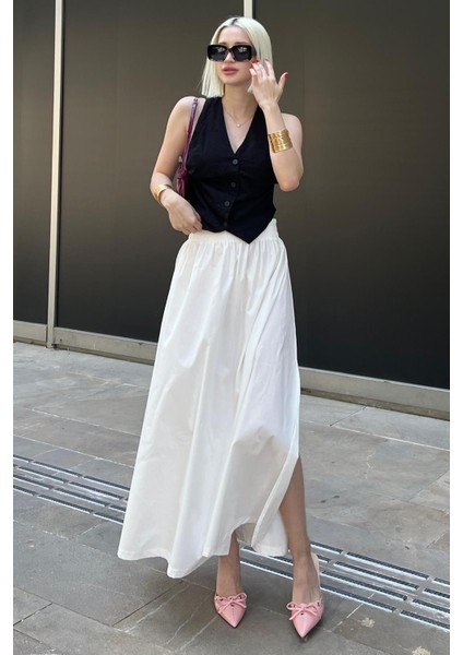 Beyaz Basic Yırtmaçlı Midi Etek MG2092