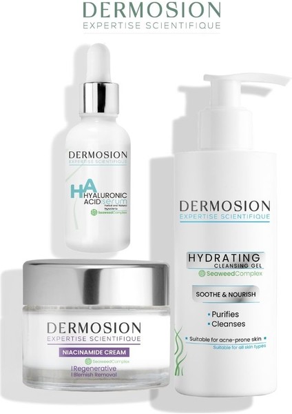 Yüz Temizleme Jeli Niacinamide Krem Hyalüronik Asit Serum Mucizevi 3'lü Cilt Bakım Seti