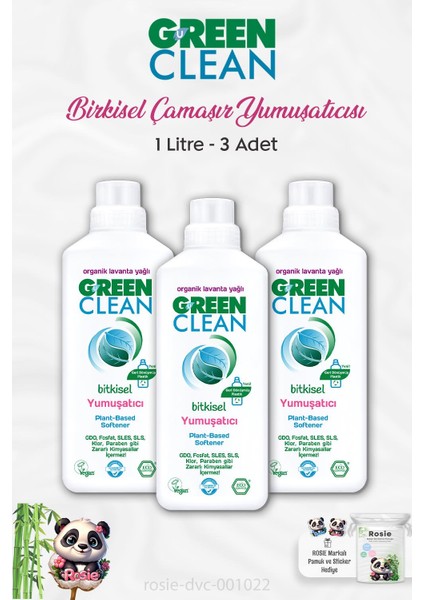 Green Clean 3 Adet Green Clean Bitkisel Çamaşır Yumuşatıcı Lavanta Yağlı 1 Lt ve Rosıe