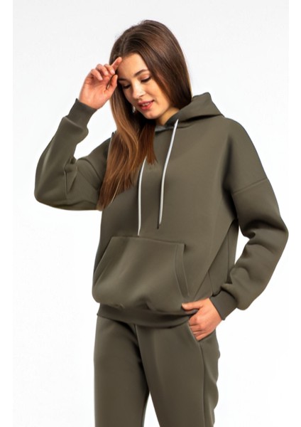 Kadın 3 Iplik Içi Pamuklu Oversize Uzun Kollu Sweatshirt
