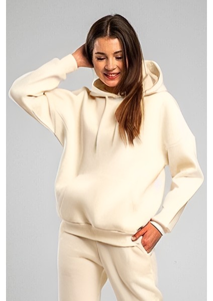 Kadın 3 Iplik Içi Pamuklu Oversize Uzun Kollu Sweatshirt