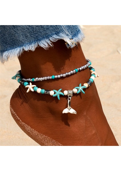 F158 Vintage Deniz Kaplumbağası Starfell Boncuk Halhal Kadınlar Için Yeni Çok Katmanlı Halhal Bacak Bilezik El Yapımı Bohemian Takı (Yurt Dışından)