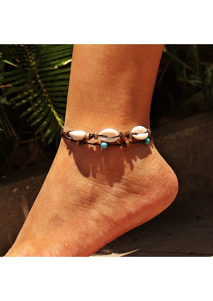 Kabuk Vintage Etnik Ahşap Boncuk Turkuaz Boncuklu Halhal Kadınlar Için El Yapımı Örgülü Ayarlanabilir Çok Katmanlı Kabuk Plaj Ayak Takısı (Yurt Dışından)