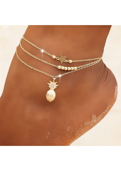 NO.50261 Boyutu Bohemia Altın Gümüş Renk Zincir Ayak Bileği Bilezik Bacak Ayak Takı Boho Ananas Yıldız Charm Halhal Seti Kadın Aksesuarları (Yurt Dışından)