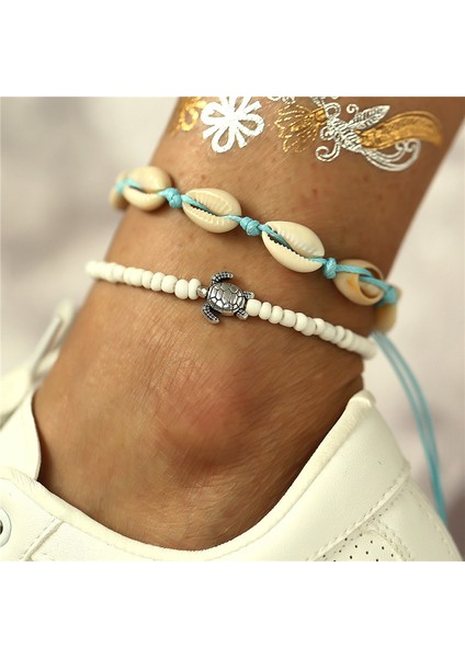 NO.50228 Boyutu Tobılo Bohemian Denizyıldızı Taş Halhal Seti Kadınlar Için Vintage El Yapımı Dalga Halhal Bilezik Bacak Plaj Okyanus Takı (Yurt Dışından)