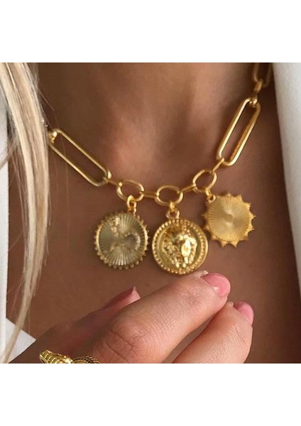 No.9 Boyutu Dvacaman Charm Yılan Link Zinciri Kolye Portre Kolye Takı Kadın Retro Altın Renk Geometrik Daire Zincir Gerdanlık Kolye (Yurt Dışından) fiyatları