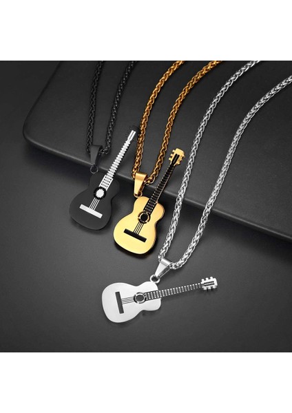 Siyah U7 Paslanmaz Çelik Halk Gitar Kolye Halat Cha Inç Kolye Müzik Lover Muscian Takı Hediye Için (Yurt Dışından) modelleri