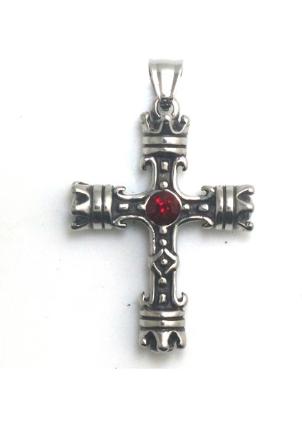 Unisex 316L Paslanmaz Çelik Kırmızı Taş Taç Çapraz Yeni Kolye (Yurt Dışından)