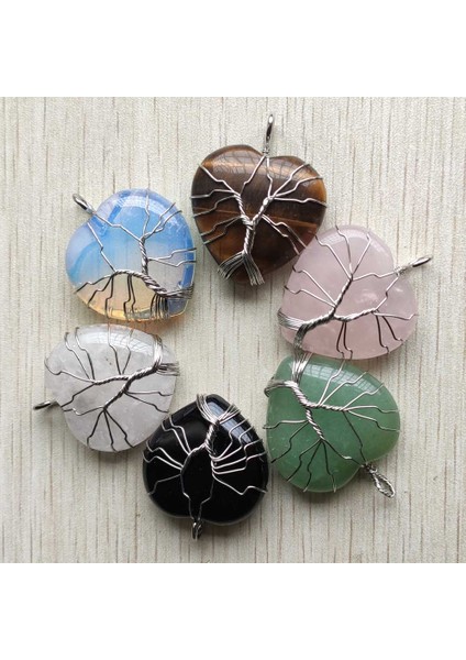 Karışım Doğal Taş El Yapımı Gümüş Renkli Tel Sarılmış Hayat Ağacı Kalp Kolye Takı Yapımı Için Çok (Yurt Dışından)