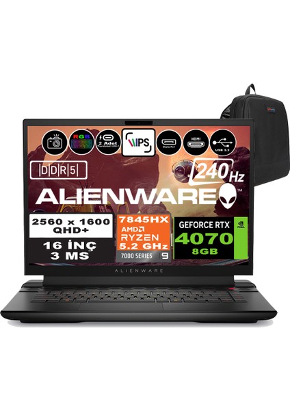 Alienware M16 R1 Amd Ryzen 9 7845HX 32GB Ddr5 4tb SSD RTX4070-8GB 16 Inç 240Hz Qhd+ Windows 11 Home Gaming Laptop AWM16AMDR9HX70WH03 + Zetta Çanta