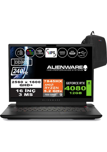 Alienware M16 R1 Amd Ryzen 9 7845HX 96GB Ddr5 4tb SSD RTX4080-12GB 16 Inç 240Hz Qhd+ Windows 11 Home Gaming Laptop AWM16AMDR9HX80WH09 + Zetta Çanta